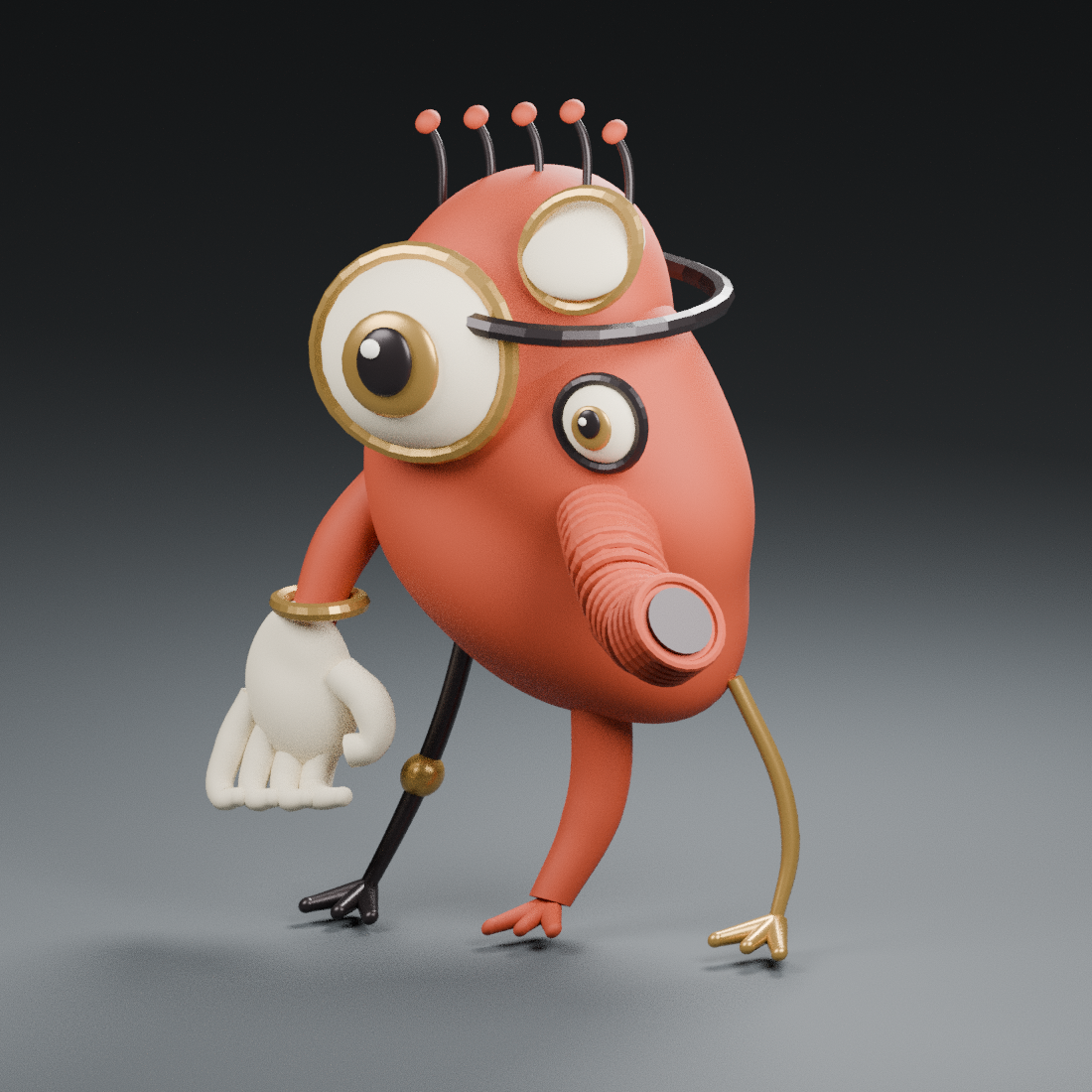 Orange Collector, with a large eye, curved hose nose and oversized glove